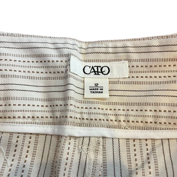 CATO Women 12 Ivory Brown Striped Capri Pants Button Casual Office Business - Picture 8 of 11
